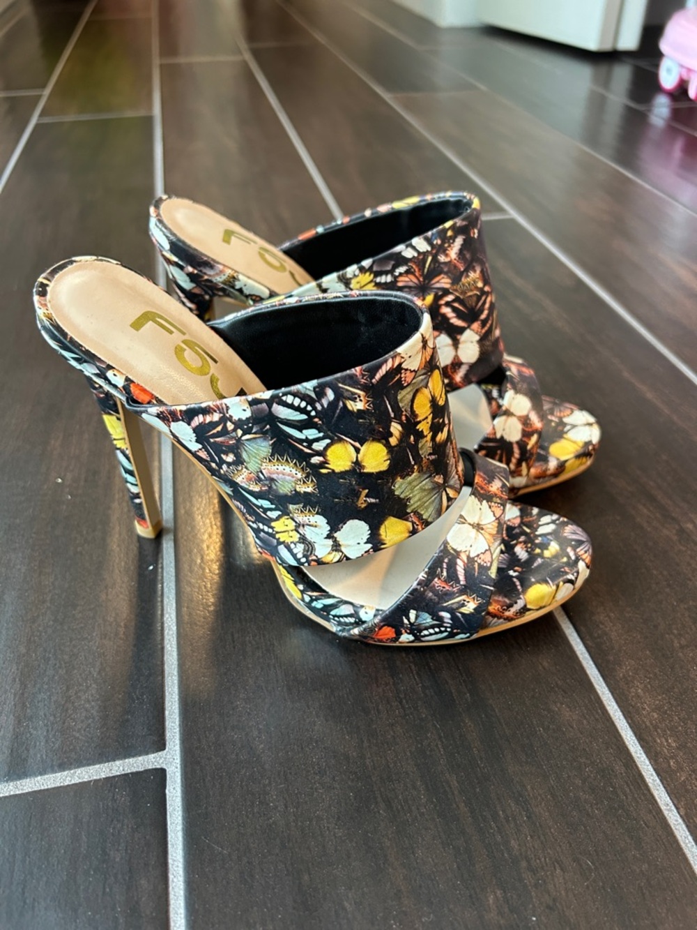 F5J Black Floral & Butterfly High Heel Slide Sandals with Yellow Accents